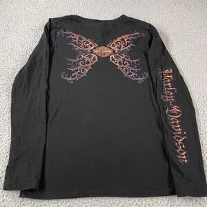 Harley Davidson Womens flame fire butterfly black long sleeve shirt Y2K Medium